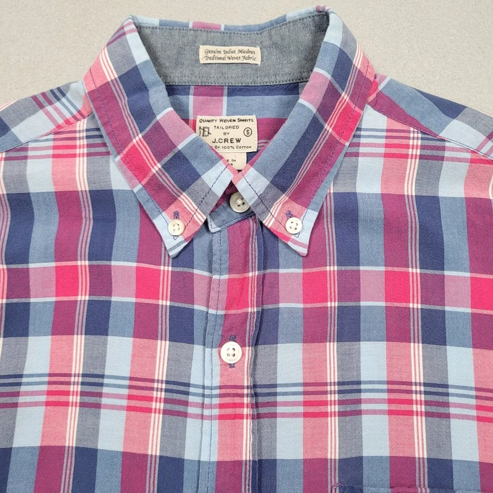 J Crew Mens Tailored Indian Madras Plaid Button Down Shirt Small Pink Blue